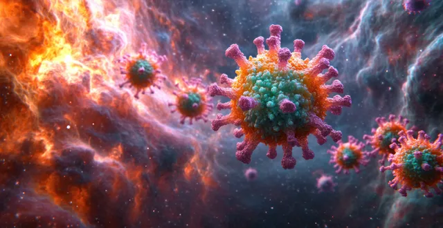 Glowing 3D dengue-like virus particles float in a fiery cosmic nebula with visible RNA cores and envelopes.