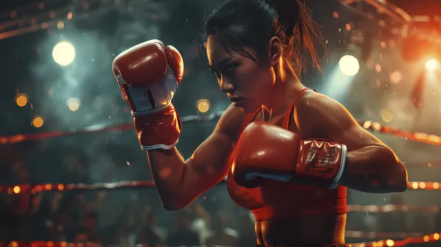 Chinese featherweight boxer throwing a left hook under arena lights with sparking motion blur