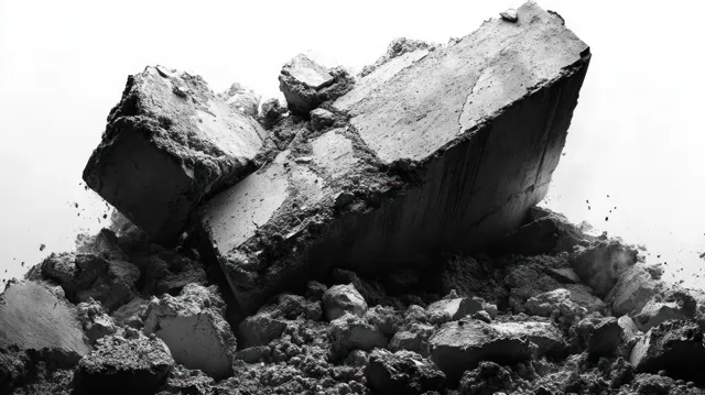 Large broken concrete chunks and rubble are scattered in a demolition debris pile against a bright background.