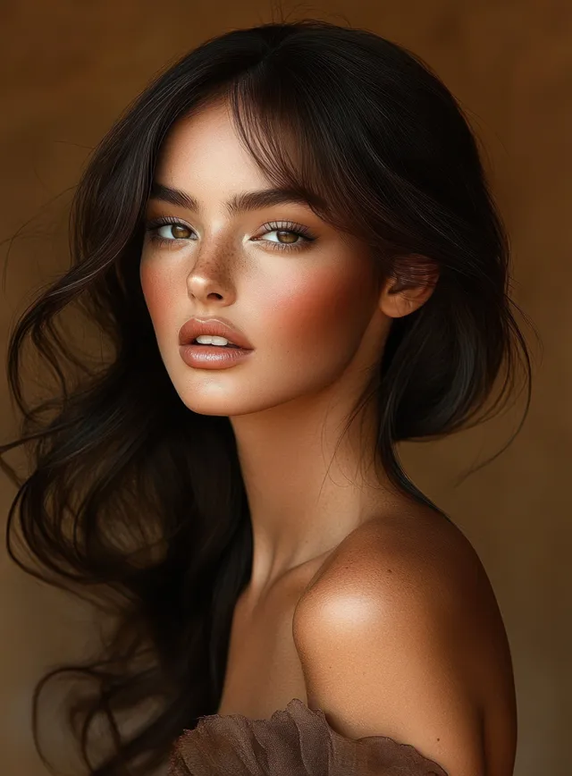 Glamorous portrait of an ebony model with long wavy hair and warm makeup lighting