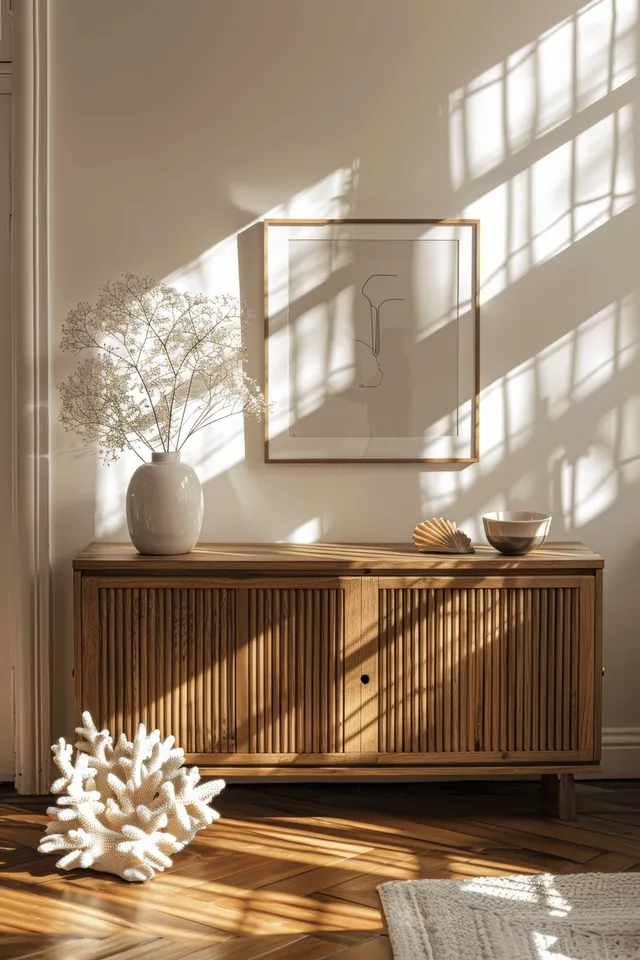 Sunlight fills a minimalist room where a wooden sideboard supports an empty framed poster above it.