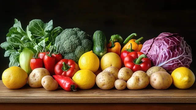 Fresh vegetables and lemons including leafy greens, peppers, cabbage, potatoes, and broccoli arranged on a wooden board.