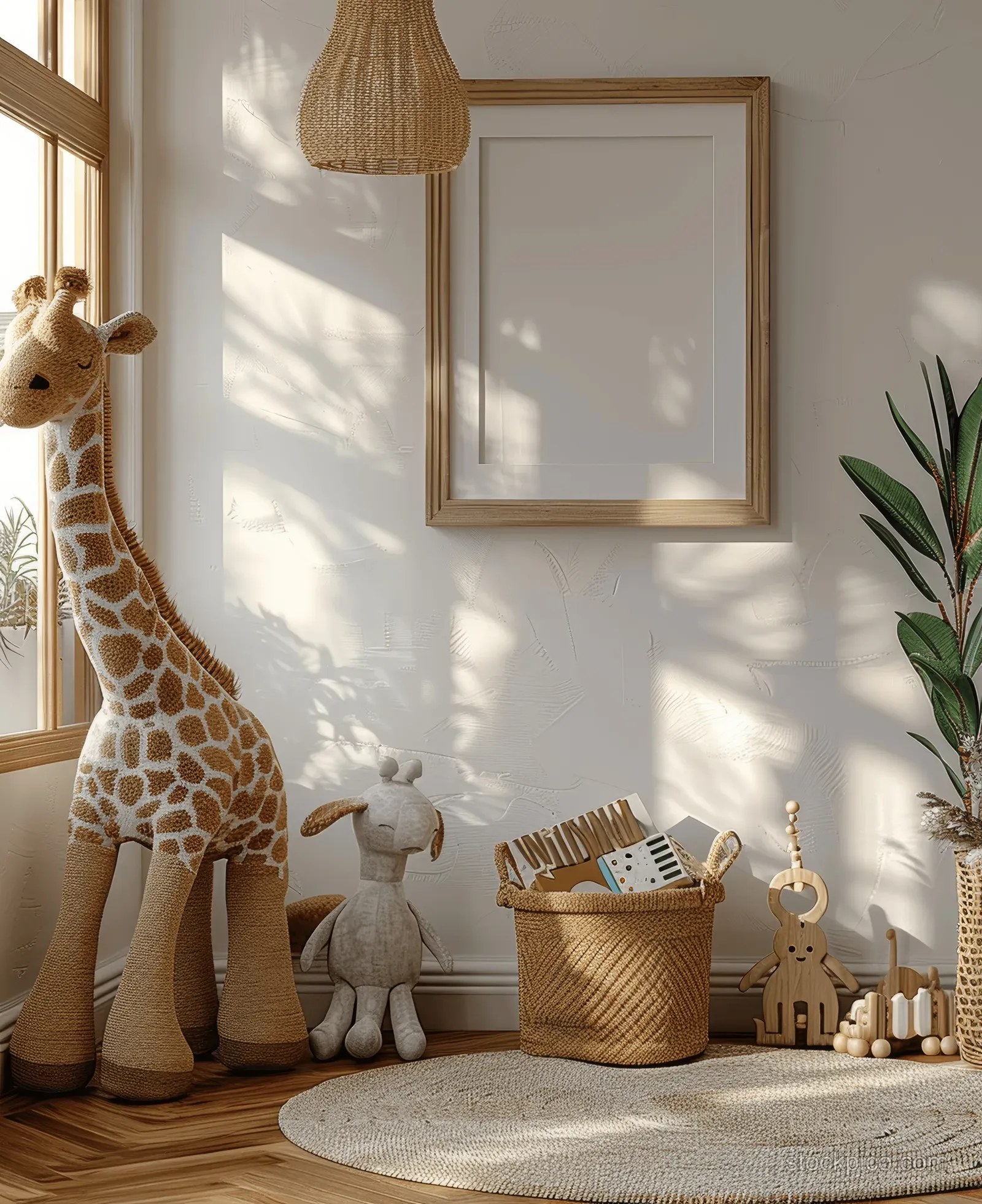 Sunlit Scandinavian kids room with wooden toys, a woven basket, plush animals, and a giraffe figure near the window.