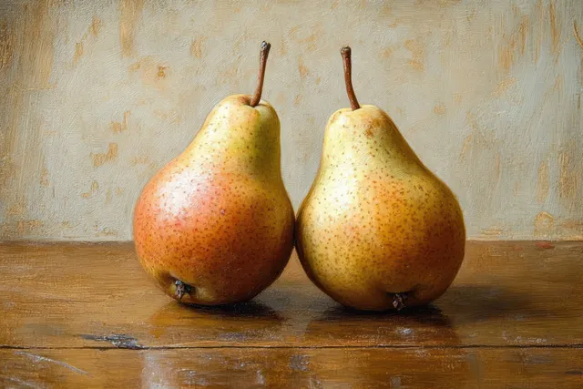 Dos peras maduras con piel moteada amarilla y roja descansan sobre madera desgastada frente a una pared beige texturizada.