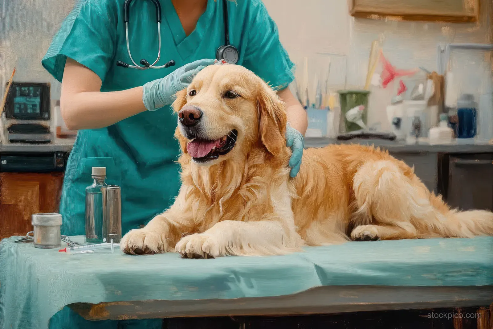 A golden retriever lies on a vet examination table as a veterinarian in teal scrubs gently holds its head in a clinic.