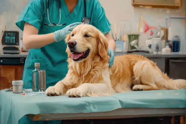 A golden retriever lies on a vet examination table as a veterinarian in teal scrubs gently holds its head in a clinic.