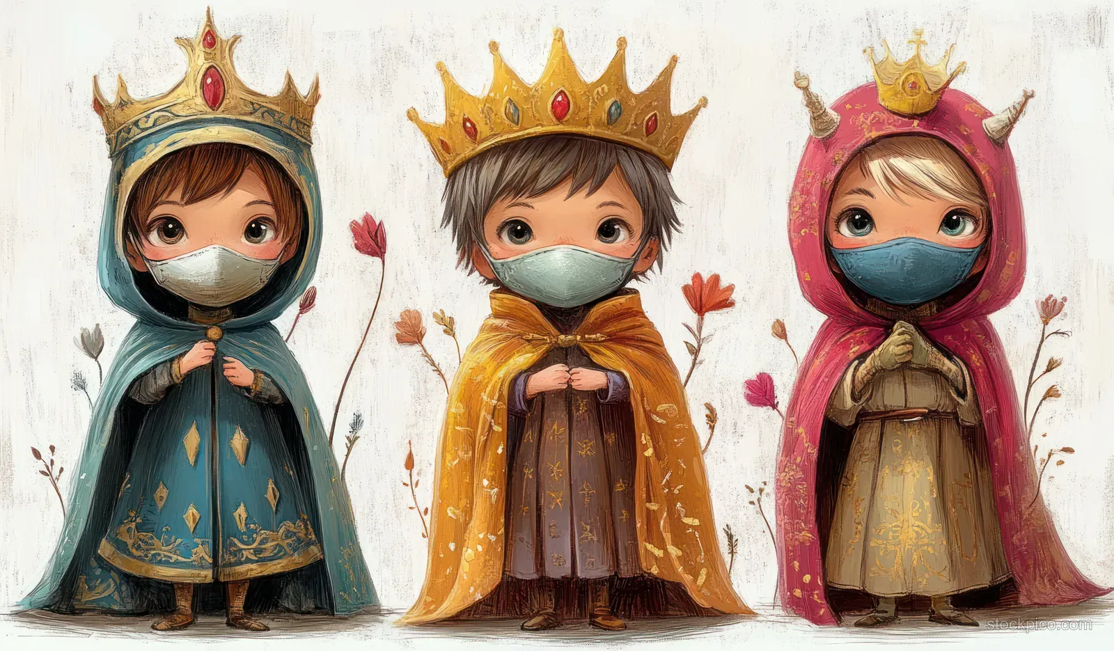 Three masked children in crowned robes stand together in a pastel nativity-style setting with small flowers.