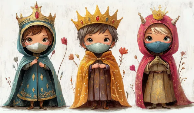 Three masked children in crowned robes stand together in a pastel nativity-style setting with small flowers.