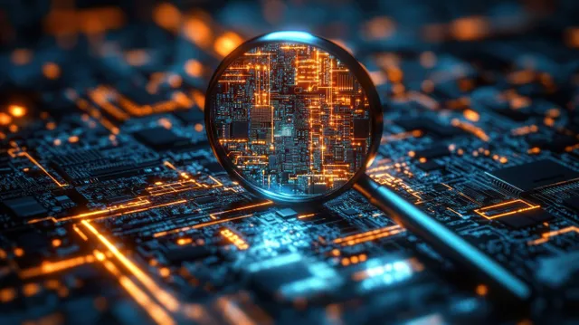 Magnifying glass examining glowing orange and blue electronic traces on dark computer motherboard