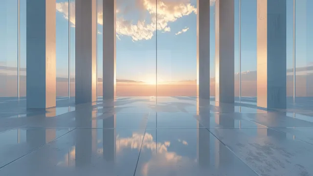 Sunset view inside a modern glass-column hall with a reflective floor and mirrored sky.