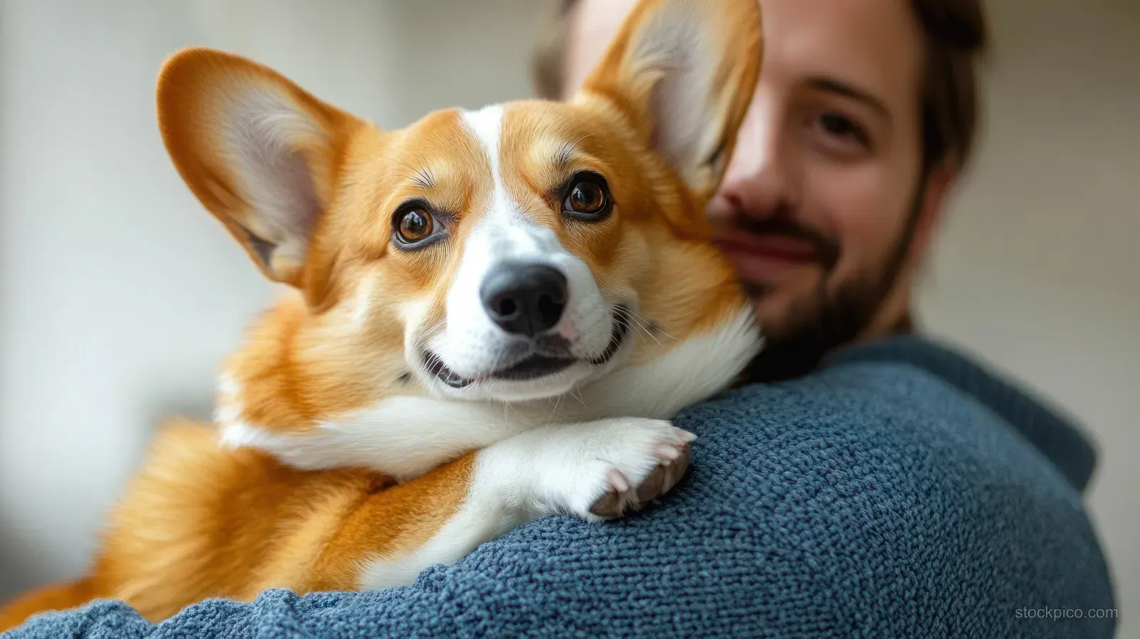 A veterinarian in blue scrubs hugs a smiling corgi close to their chest in soft clinic lighting.