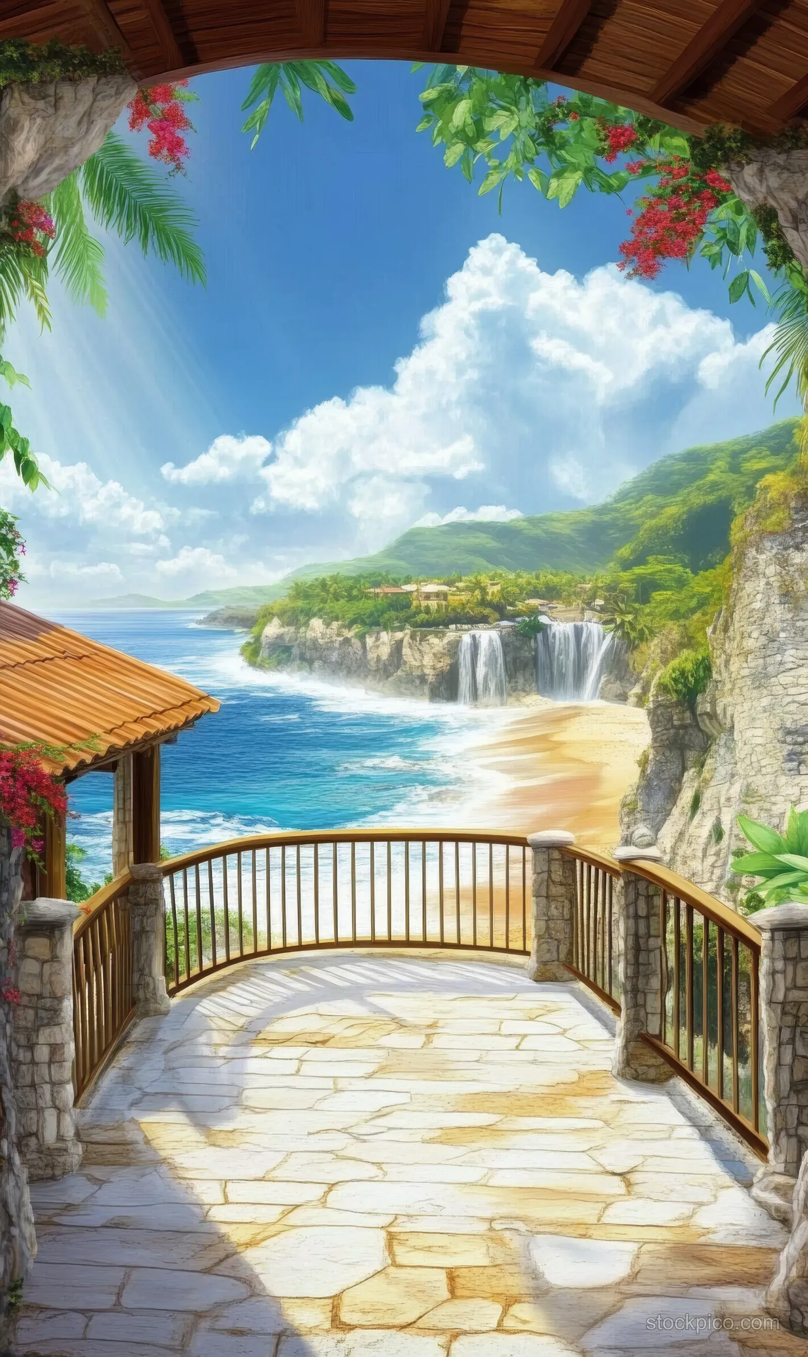 Terrace walkway beneath an arched doorway with pink bougainvillea overlooking a turquoise ocean and distant waterfall.