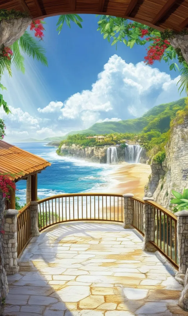 Mediterranean villa terrace framed by bougainvillea, overlooking turquoise ocean in sunny Italy