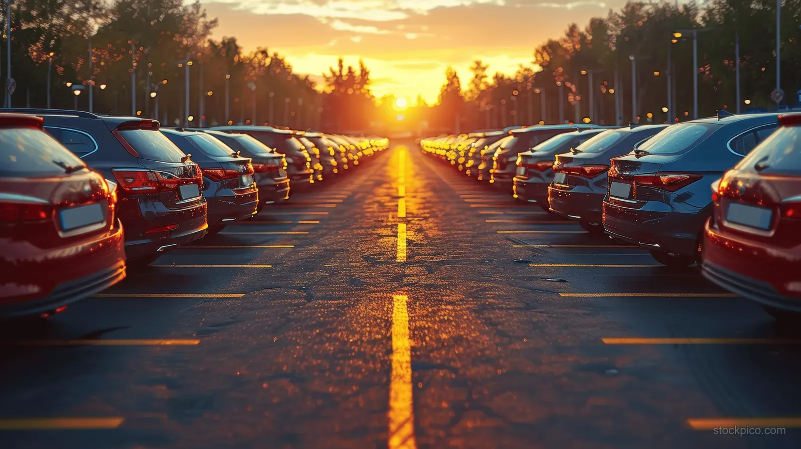 Modern cars are parked in both sides of a parking lane under warm sunset sunlight.