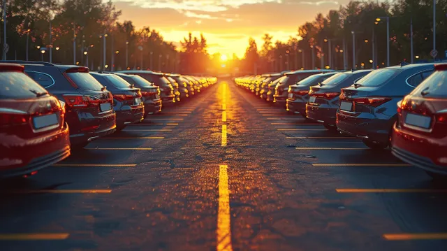 Modern cars are parked in both sides of a parking lane under warm sunset sunlight.