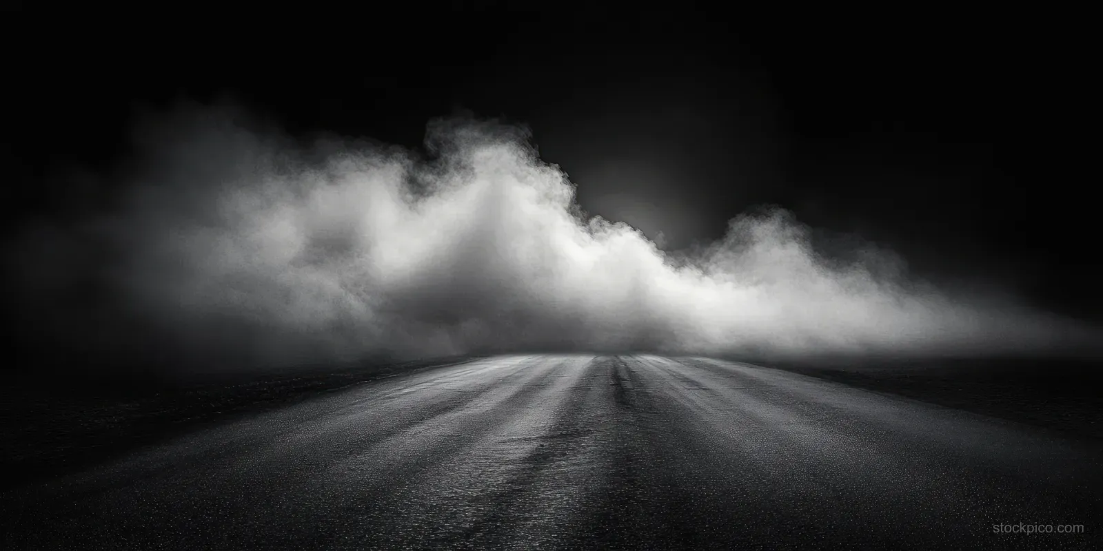 Foggy road disappears into darkness with smoke drifting over a dark concrete floor inside an empty room.