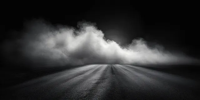 Foggy road vanishing into darkness with smoke haze and neon glow on concrete floor inside room