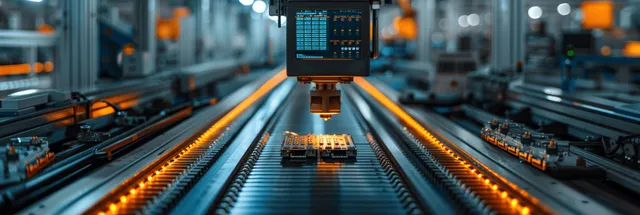Automated soldering line assembling PCB modules under glowing inspection monitors