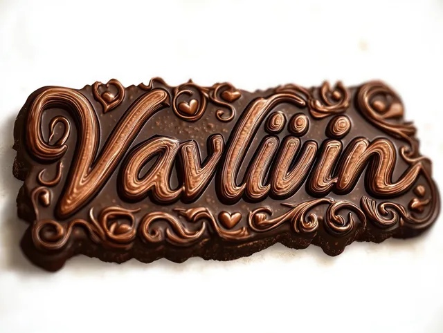 Rectangular chocolate bar with embossed lettering and swirling decoration resting on a white surface.