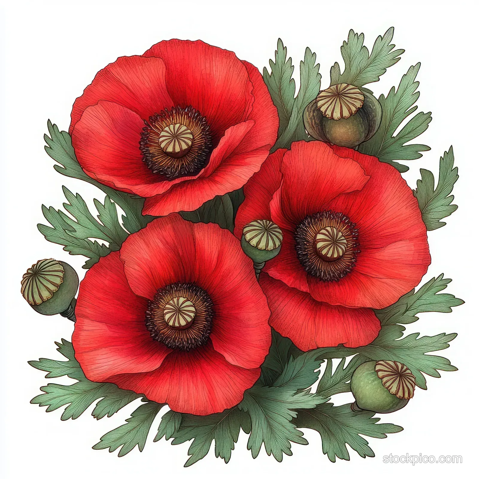 Three red poppy flowers with green foliage and round seed pods in a detailed hand-drawn botanical illustration.