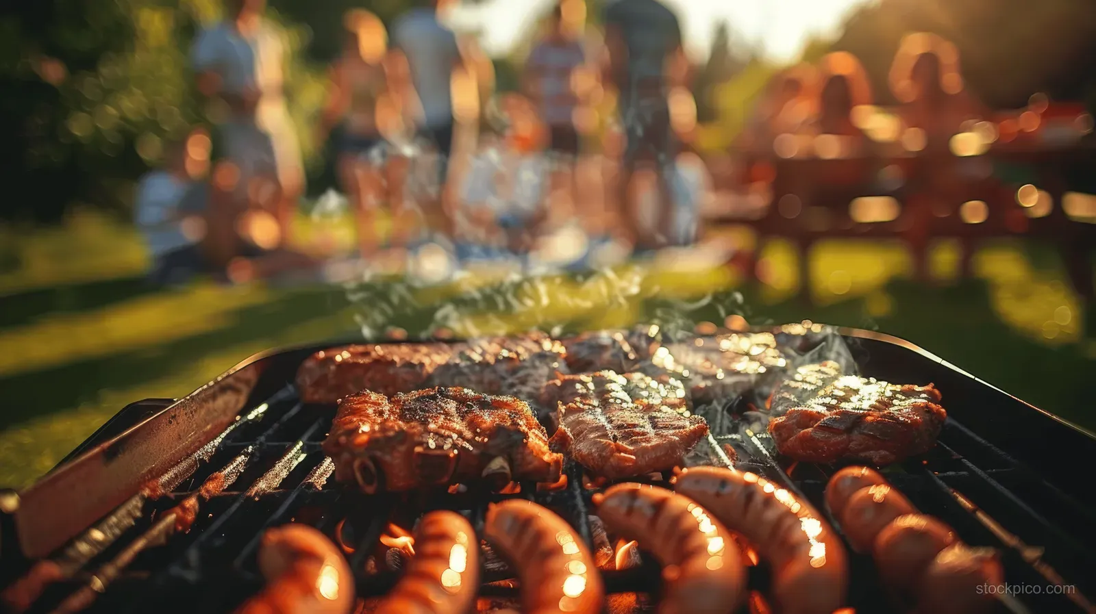 Close view of a barbecue grill cooking steaks over glowing coals while blurred friends gather in a sunny garden.