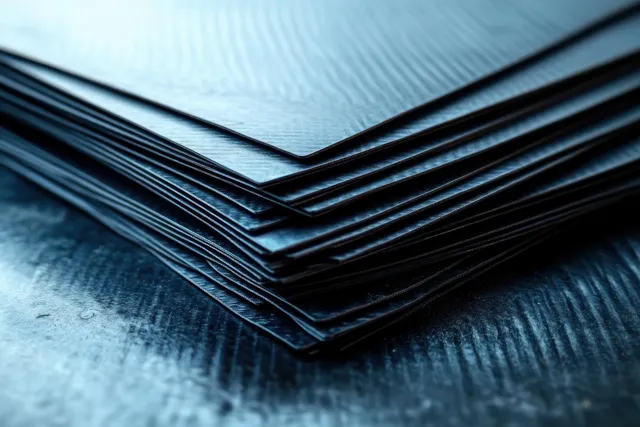 Overlapping blue and black textured sheets stacked in geometric layers with cool bluish lighting.