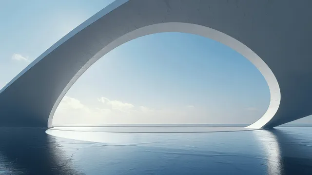 A concrete futuristic arch frames blue sky above still reflective water on a minimal architectural platform.