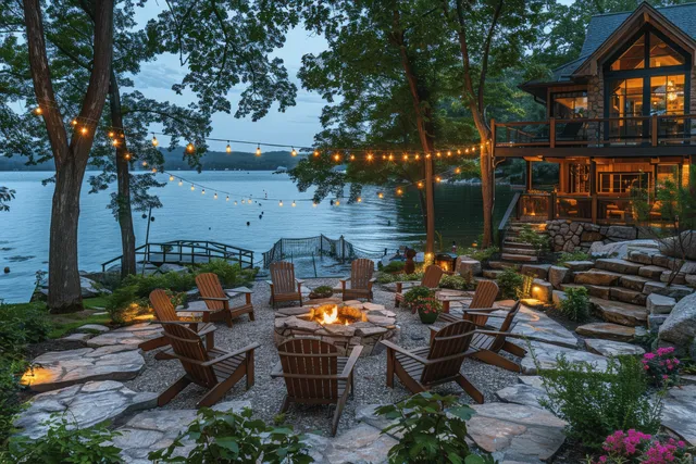 Lakeside patio at dusk with stone fire pit, glowing string lights, Adirondack chairs, and lake view.
