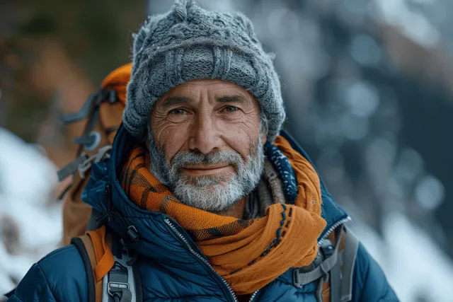 Smiling senior man hikes on a snowy mountain trail wearing a knit hat, orange scarf, and backpack.