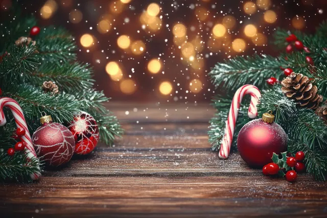 Pine branches with red ornaments and candy canes frame a wooden table under warm glowing bokeh lights.