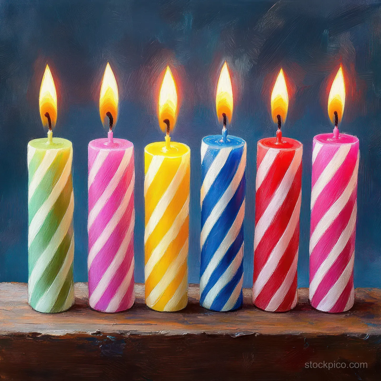 Striped birthday candles with flickering flames stand on a wooden table against a blue background.