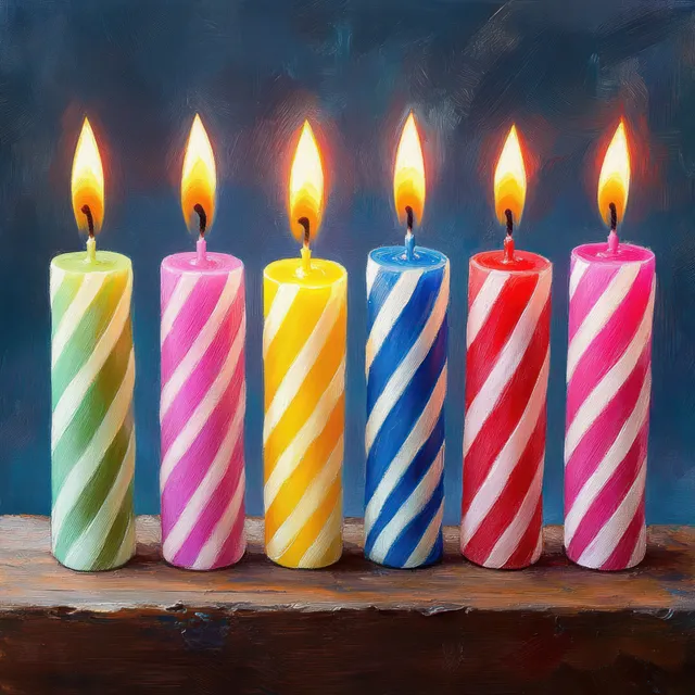 Striped birthday candles with flickering flames stand on a wooden table against a blue background.