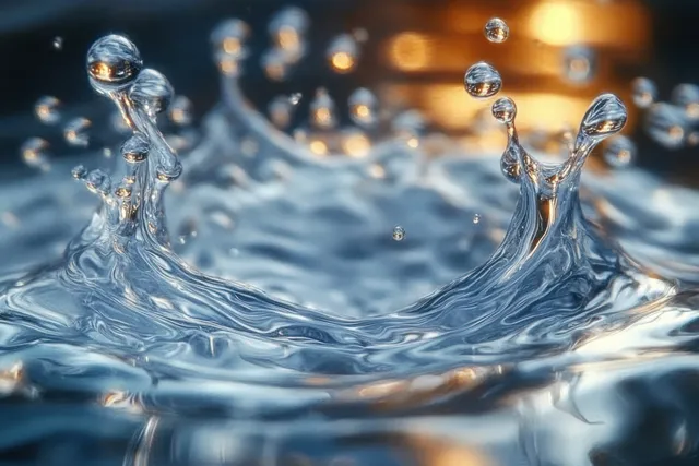 Macro droplets suspended above a curved splash, showing blue liquid ripples and bright reflections.
