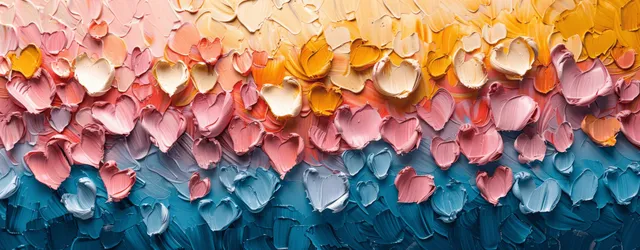 Pastel heart-shaped rose petals forming a textured floral border in pink, blue, yellow
