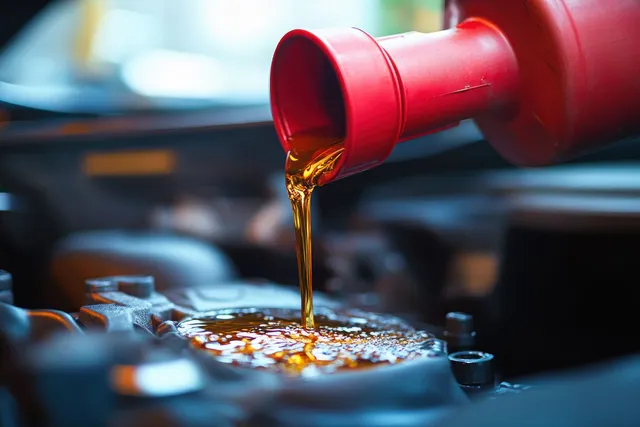 Golden motor oil pours from red canister into car engine compartment near metal bolts