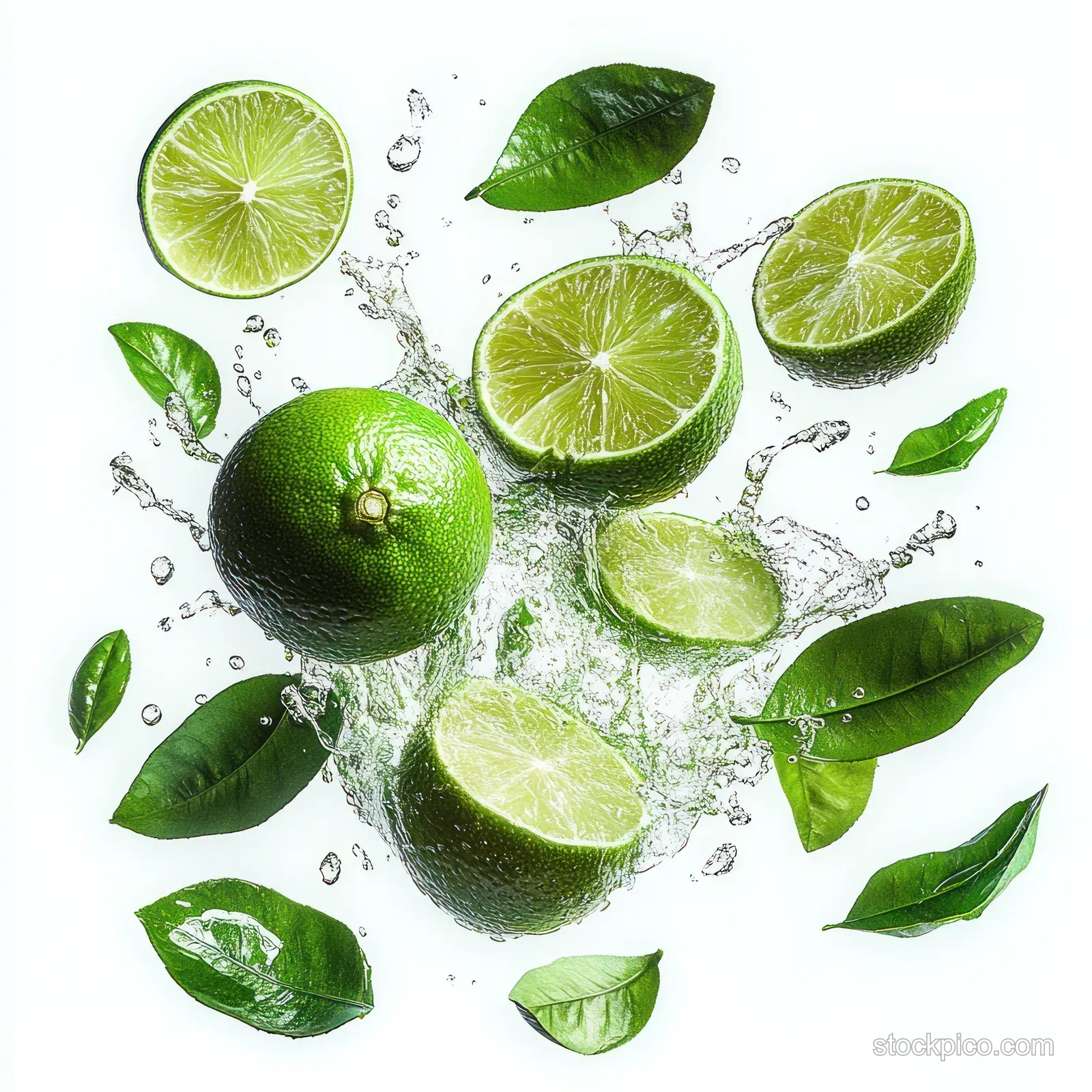 Green limes and leaf pieces burst into clear water droplets on a white background.