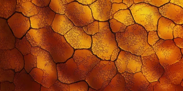 Close-up of cracked desert soil with warm orange and brown polygonal cracks across the ground.