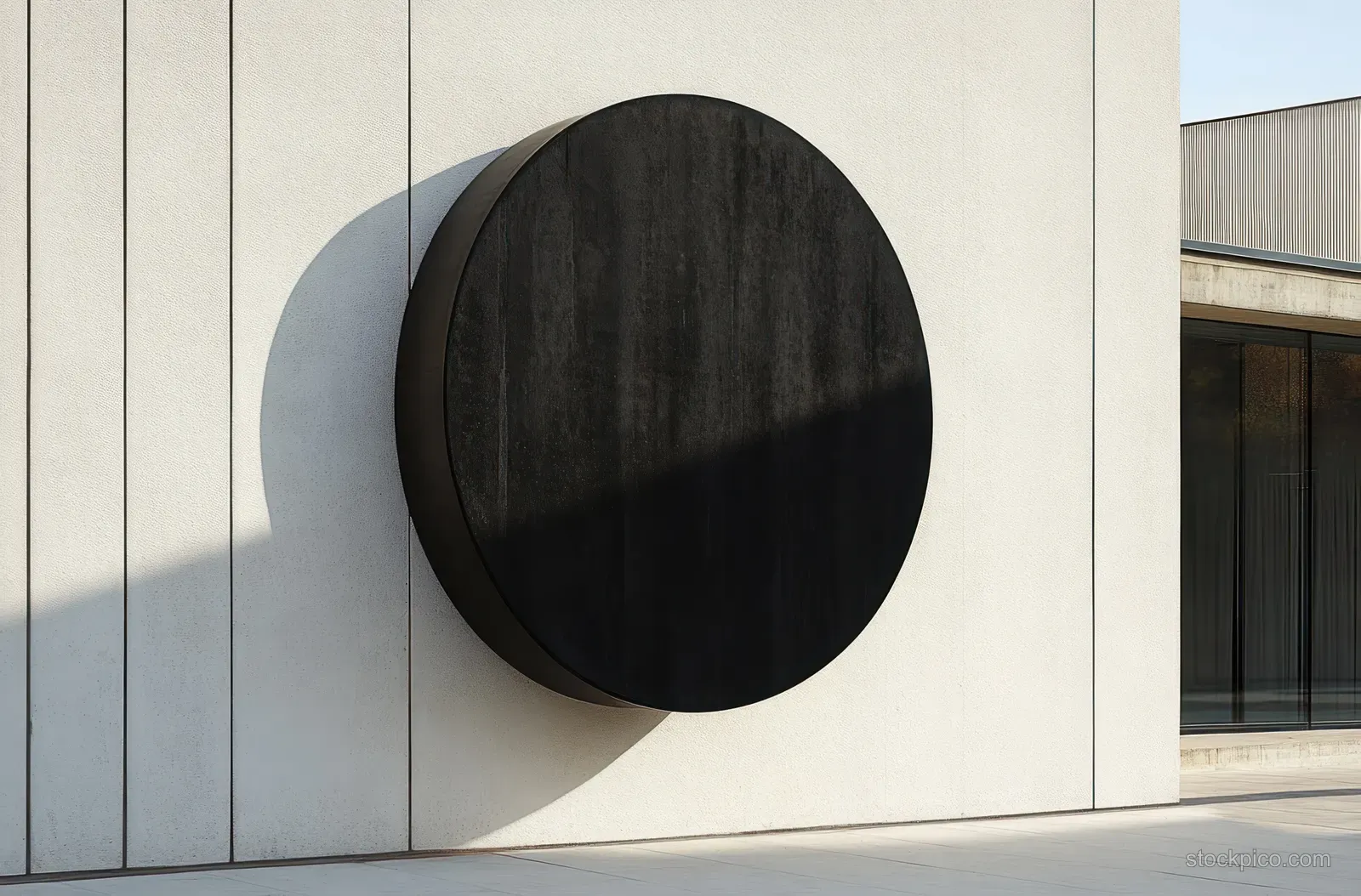 Black circular wall sculpture on a white building facade casting a sharp shadow in bright daylight.