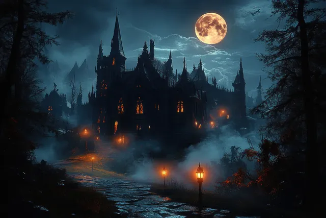Haunted gothic mansion at night with full moon, fog, glowing lanterns, and twisted trees