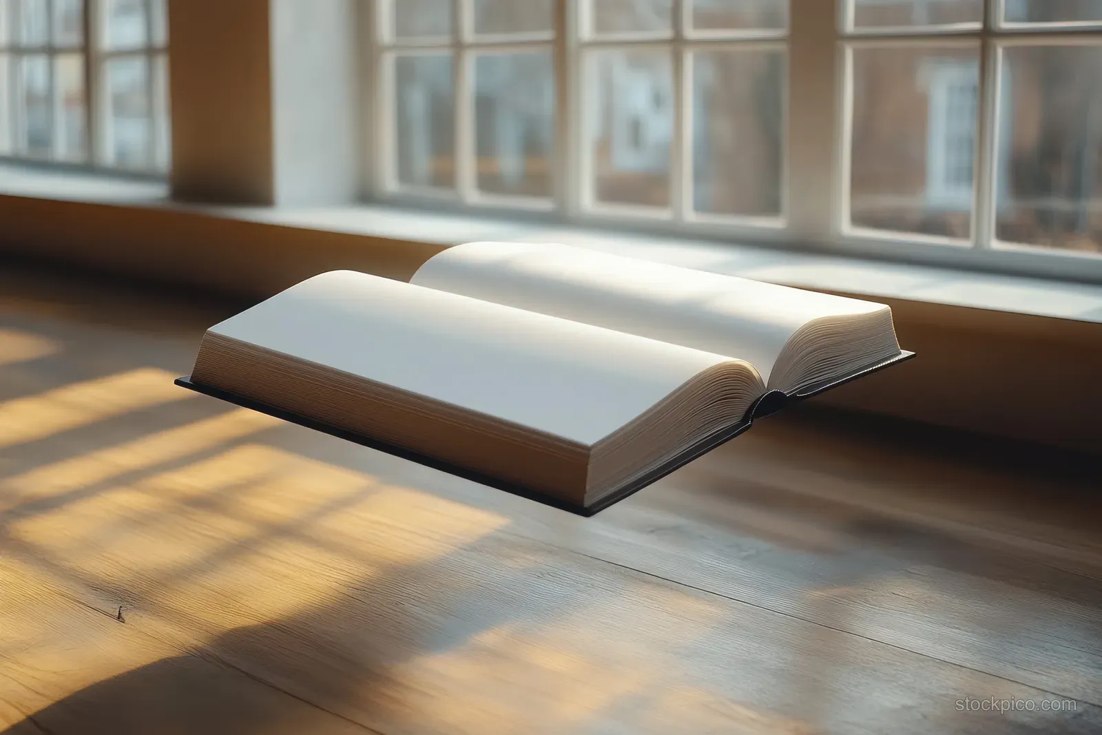 Closed soft-cover book floating above a wooden desk with warm sunlight and window panes in the background.
