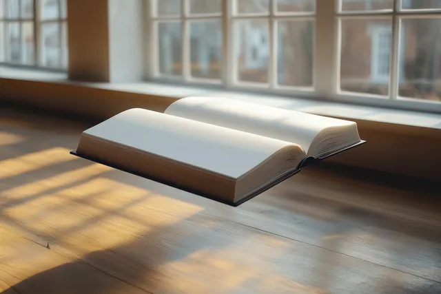 Open minimalist book floating above wooden desk beside sunlit window panes