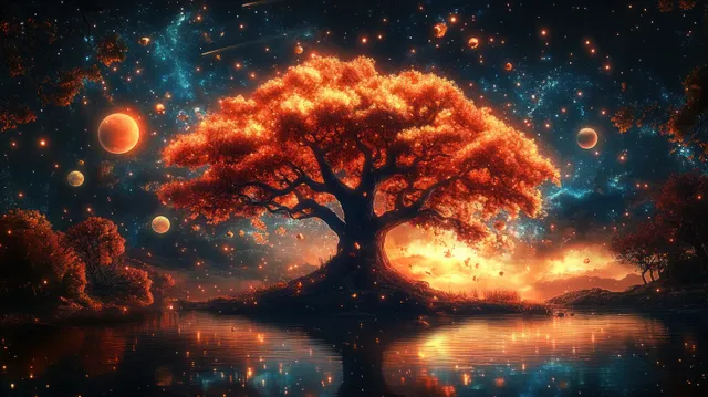 Glowing cosmic Tree of Life with nebula light and planets reflected in dark water under a starry sky.