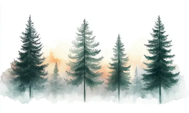 Watercolor evergreen trees in a misty winter forest with soft golden sunlight fading into pale sky.