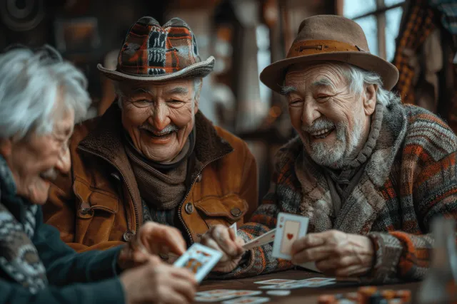 Seniors sit around a table playing a card game in a cozy community room.