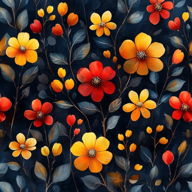 Watercolor tropical floral pattern with orange and yellow blossoms on deep navy backdrop