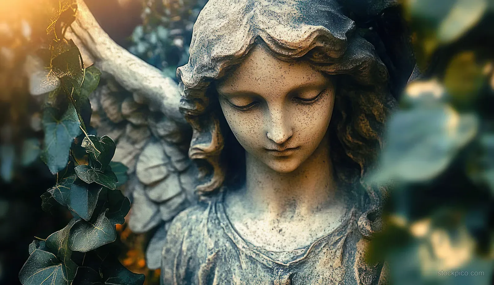 A stone angel statue face rests among green ivy leaves under soft warm sunlight.