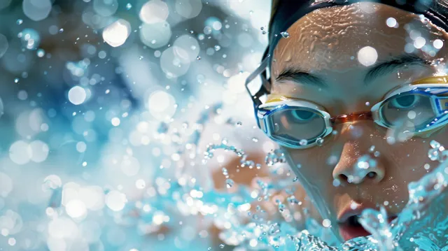 A Japanese swimmer underwater with goggles and bubbles surrounding their face during breaststroke.