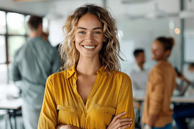 Smiling businesswoman in yellow shirt holding mobile phone during office meeting