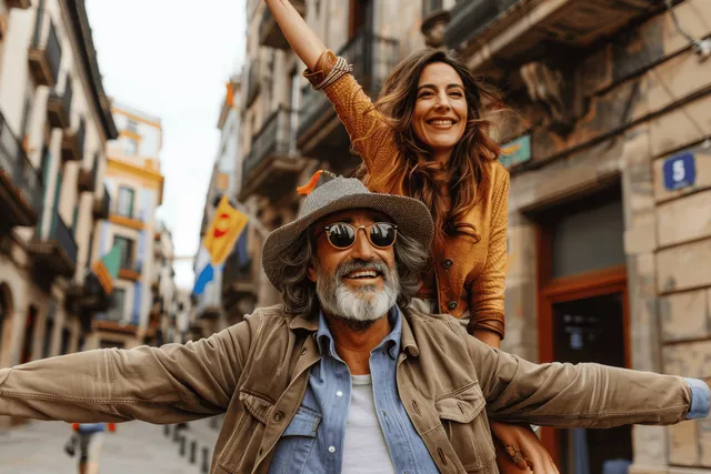 Smiling mature couple enjoying a piggyback ride on Barcelona street