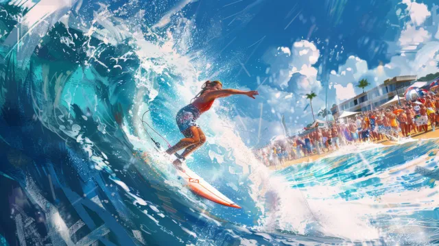 Female surfer carving a powerful left wave during a shoreline competition sprint